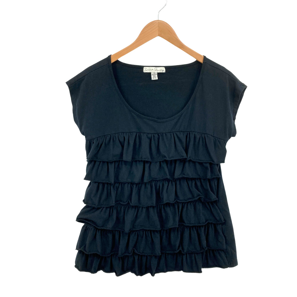 French Laundry Women Black Cotton Cap Sleeve Pullover Ruffled Blouse Top Size M